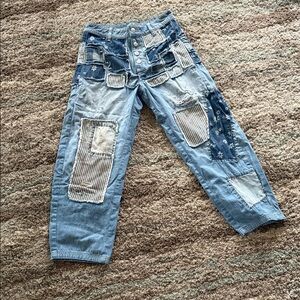 Free People High Rise Patchwork Jeans - Blue and Cream